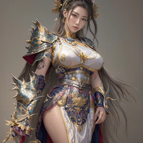 photorealistic portrait, high-res, Soft light,1woman, bara, full body image, Slender Figure, Beautiful hips, gleaming skin, Overflowing big breasts, Reveal the breasts...., (higly detailed face), Beautiful Chinese Armor