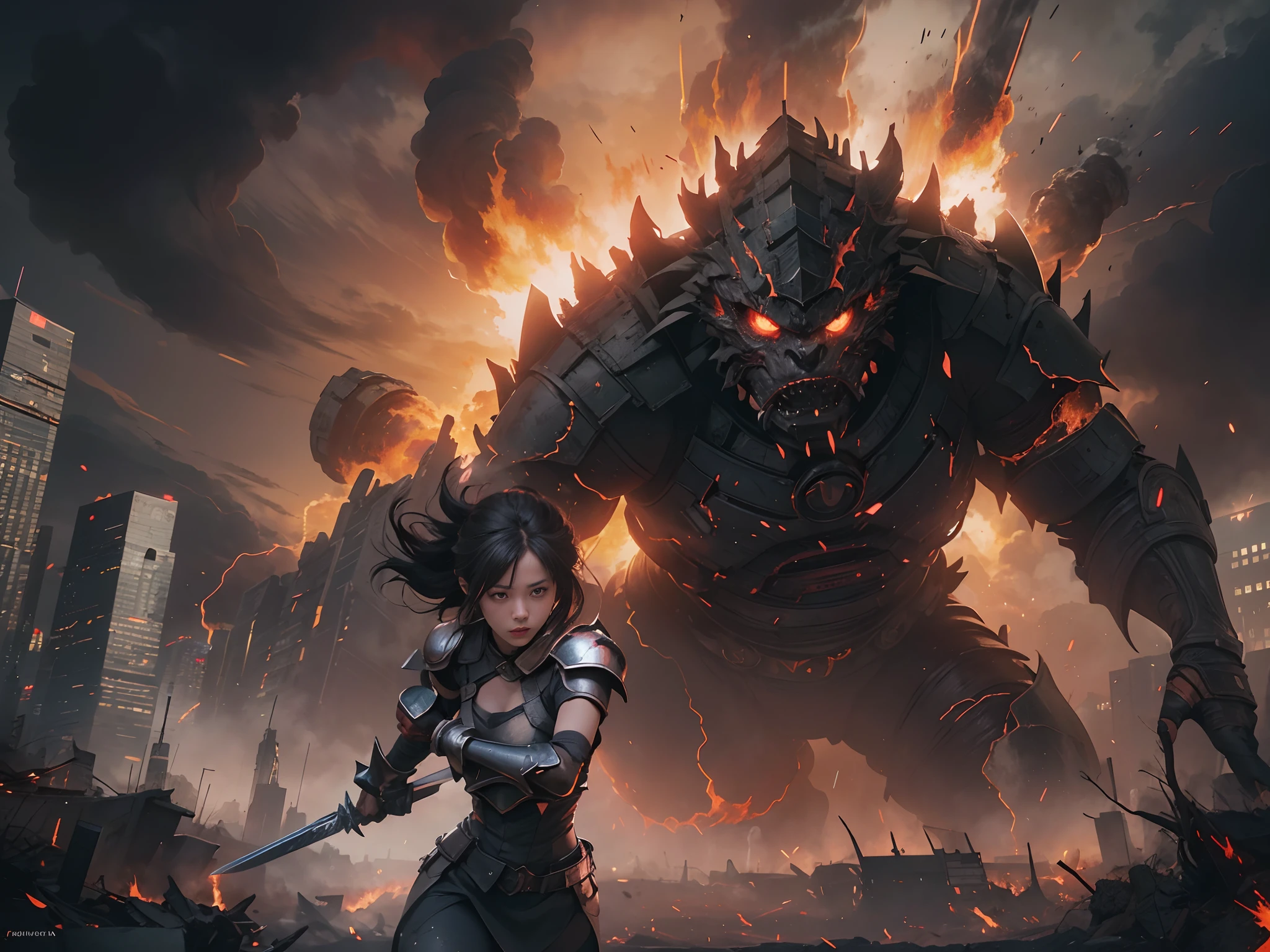 A woman standing in front of a giant demonic creature in a city - SeaArt AI