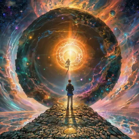 Person, Stand in front of a space portal overlooking the sun, cyril rolando and goro fujita, portal to another universe, inspire...