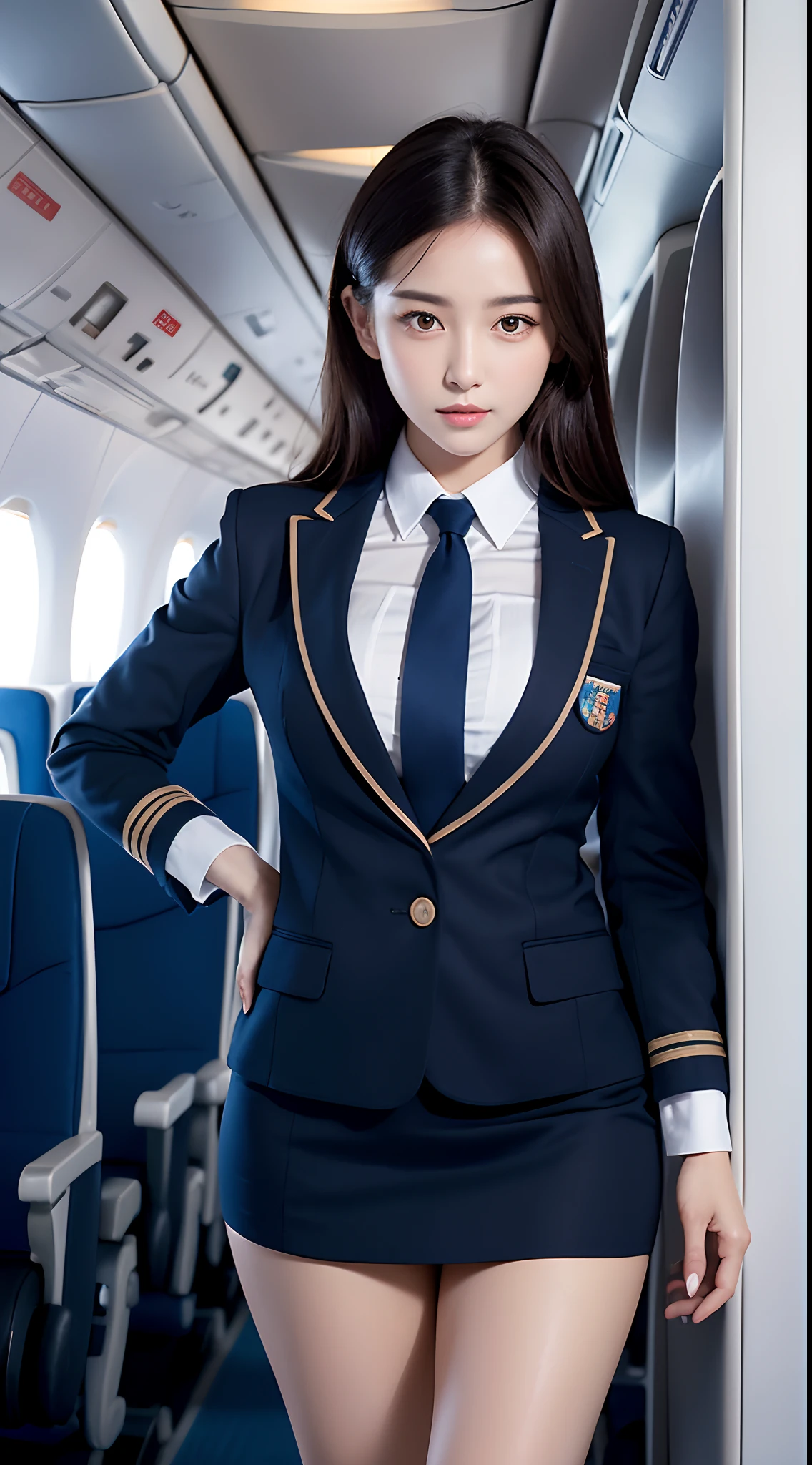 Top Quality, Masterpiece, 8K, Ultra High Definition, (Photorealistic: 1.4), 1 Girl, Beautiful Face, Symmetrical Eyes, Big, Perfect Body Proportions, Stewardess Uniform, Viewer's Look, (Inside the Airplane: 1.2), Front View, Shoulder Jump, Absolute Area (1.3),