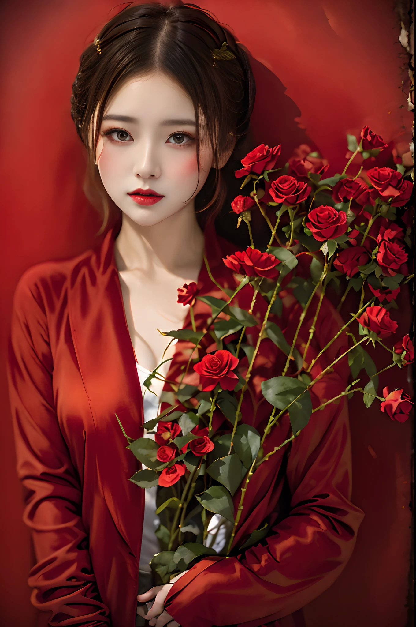 Woman in red suit holding a bouquet of flowers, Zhang Jingna, rich red color, all red, fine art fashion photography, vibrant red colors, red adornments, Shades of red, A red rose, red colored, xue han, red accent, Red clothes, Very red, Red tones, celestial red flowers vibe, wearing red