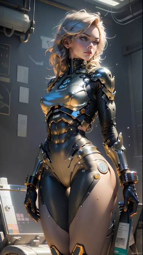 (best quality,4k,8k,highres,masterpiece:1.2),ultra-detailed,(realistic,photorealistic,photo-realistic:1.37),woman,body,defined,thick thighs,(metallic,metal,cybernetic) body parts,short underwear,shiny,muscular legs,strong arms,detailed abs,fit and healthy,...