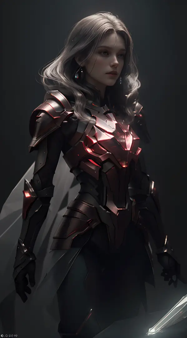 Wold style，Armor Girl，Crystal material（3D rendered armor，refractive index：1.76 - 1.78，albedo：0.03 - 0.05，ambient lights：Between 20 - 50，colours：dark red color, Moderate saturation，The type of light：Ambient Light：1.2，Light source color：aurora borealis，Light...