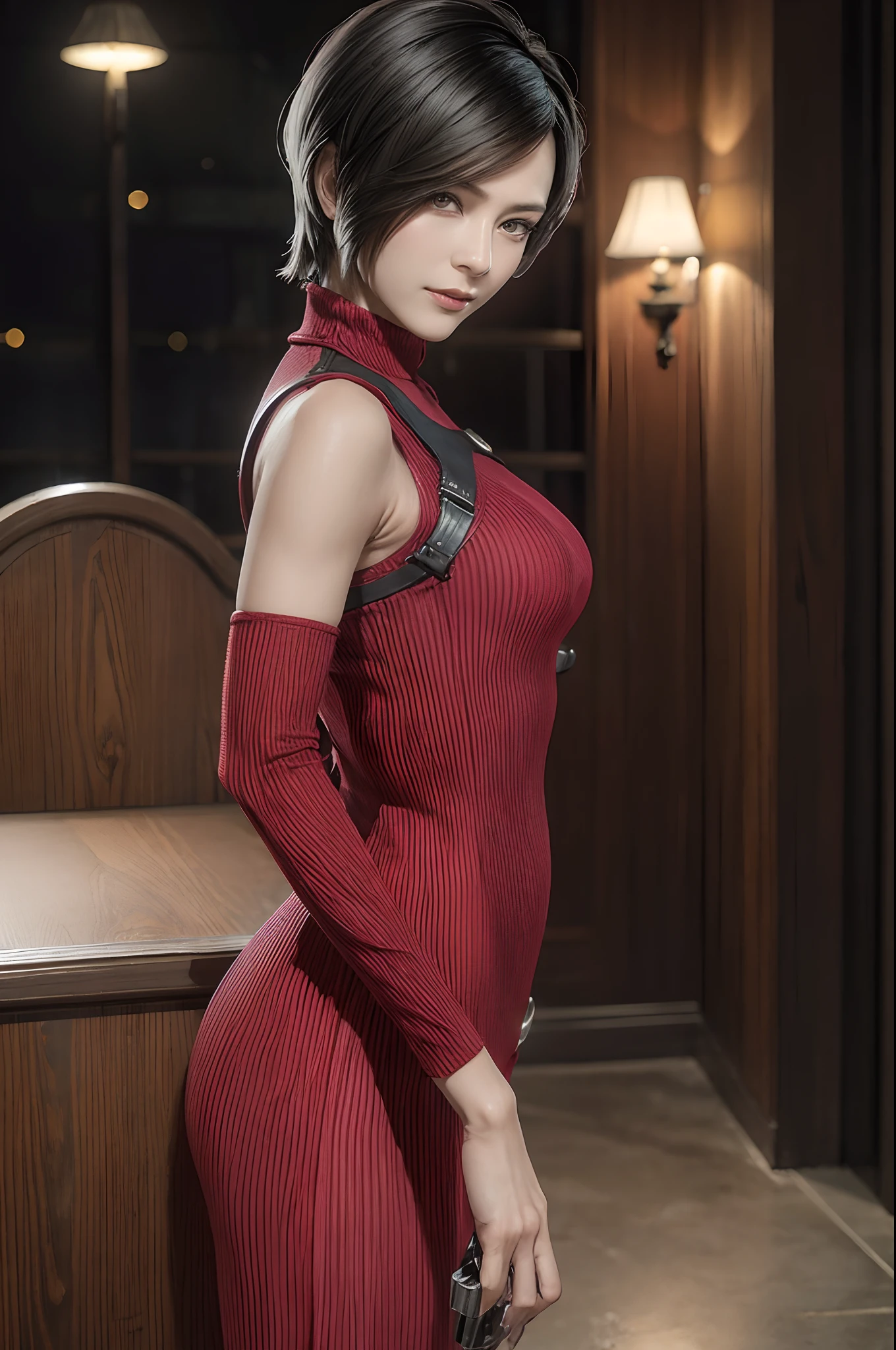 1 Mädchen， Solo， Ada Wong im Resident Evil 4 Remake， kurzes, detailreiches Haar， Brünette Farbe Haar， Rotes Cheongsam， Kurzarmhemd， Schwarz， dünne Brüste， obere Gliedmaßen， hindquarters， schwarze Absätze， Adrianas Gesicht， Finden Sie Ihr Publikum， schlaues Lächeln， A pistol was hung on her waist， beste Qualität， hohe Auflösung：1.2， Dorf aus dem 18. Jahrhundert im Hintergrund， Beschattung， Alptraum， Strahlen des Mondlichts， Oberkörperfotografie， niedriger Kamerawinkel、Tiefenschärfe、zentriert