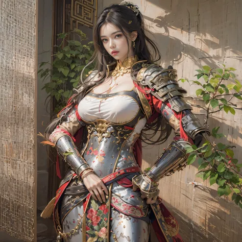photorealistic portrait, high-res, Soft light,1woman, bara, full body image, Slender Figure, Beautiful hips, gleaming skin, Overflowing big breasts, Glamorous gestures, Reveal the breasts......., (higly detailed face), Beautiful Chinese Armor
