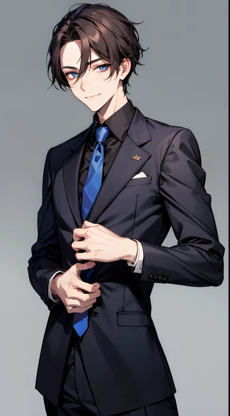 1man, Face Focus, [[[[[[[pupils]]]]]]], frontage,[[[Standing picture]]],[[[[From waist to head]]]],frontage,校服,blazers, Black shirt, blue tie,top-quality, adopt, A detailed face, simple background、white backgrounid、[[[Ash brown hair]]]、[[[Blue eyes]]]、gent...