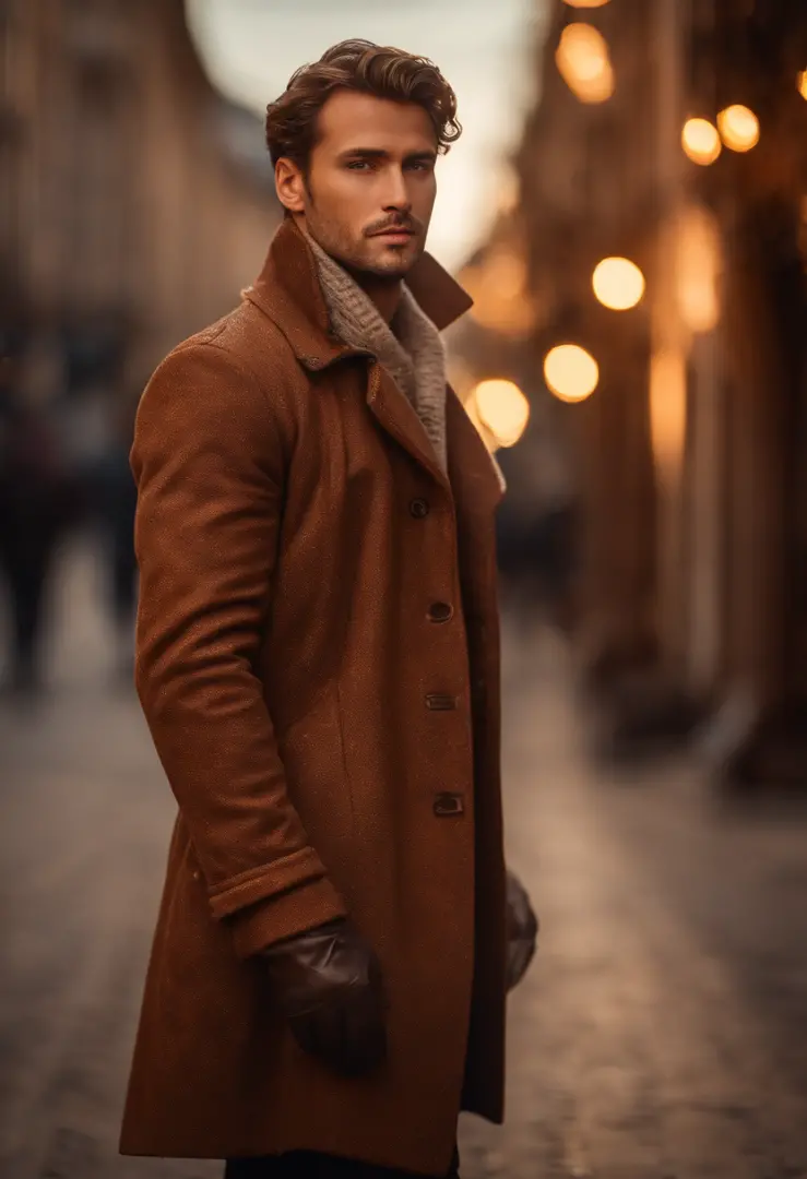 Portrait photo of a handsome male full body photo, perfect eyes, wearing a shabby mecha coat, ((light bokeh)), intricate, (steel metal [rust]), elegant, sharp focus, photo by Greg Rutkovsky, soft lighting, bright colors, masterpiece, (street)), detailed re...