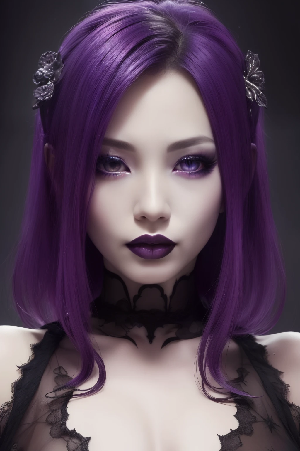 A close up of a woman with purple hair and a black dress - SeaArt AI