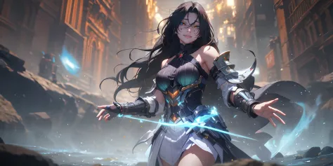 (black hair long hair:1.6), orange eyes, 1girl, solo,  breasts, dress, large_breasts, bare_shoulders, water, armor, glow effects...