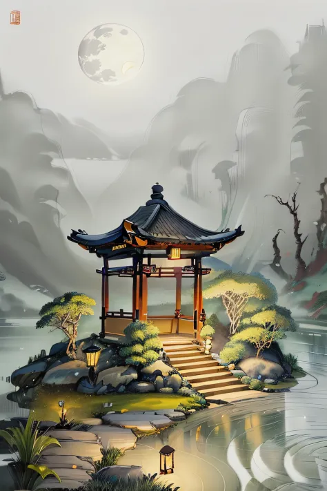 masterpiece,best quality,Chinese martial arts style,an asian night scene with lanterns and water lilies,asian pond with many lan...