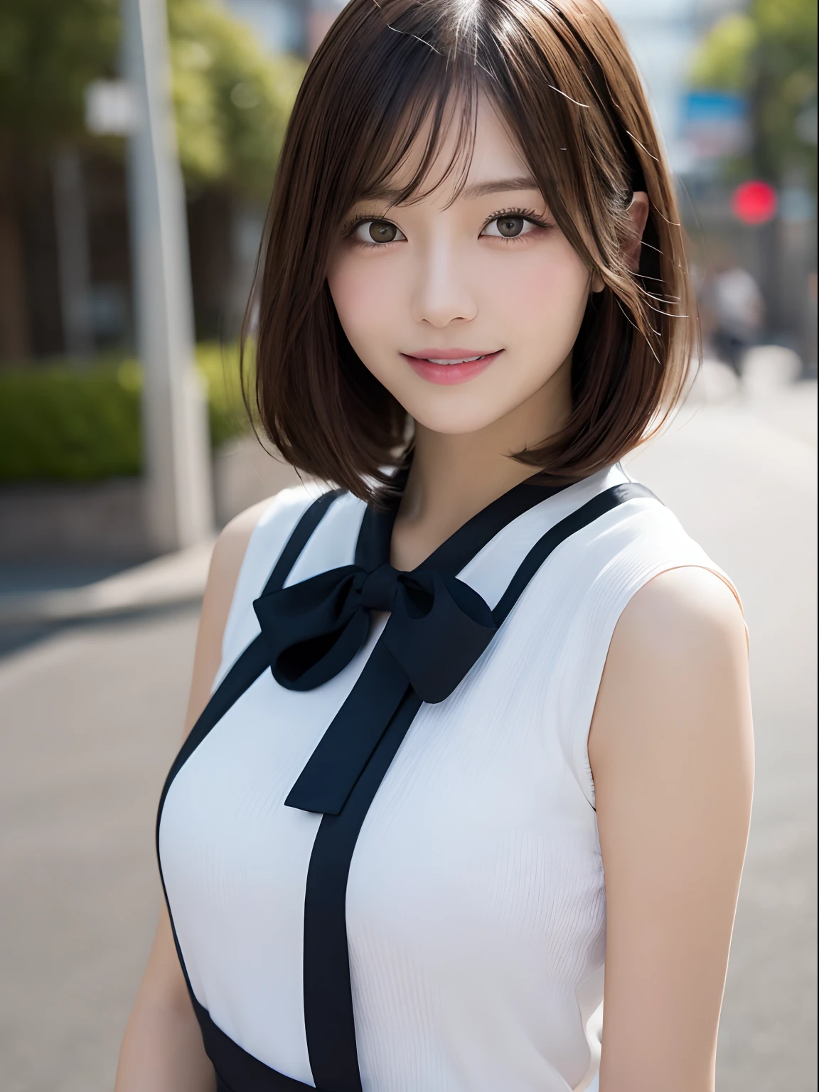 masutepiece, Best Quality, Illustration, Ultra-detailed, finely detail, hight resolution, 8K Wallpaper, Perfect dynamic composition, Beautiful detailed eyes, doress, mid-chest, Natural Color Lip, Random and sexy poses,Smile,Aoyama Street Walk、20 years girl、bobhair,Short hairstyle