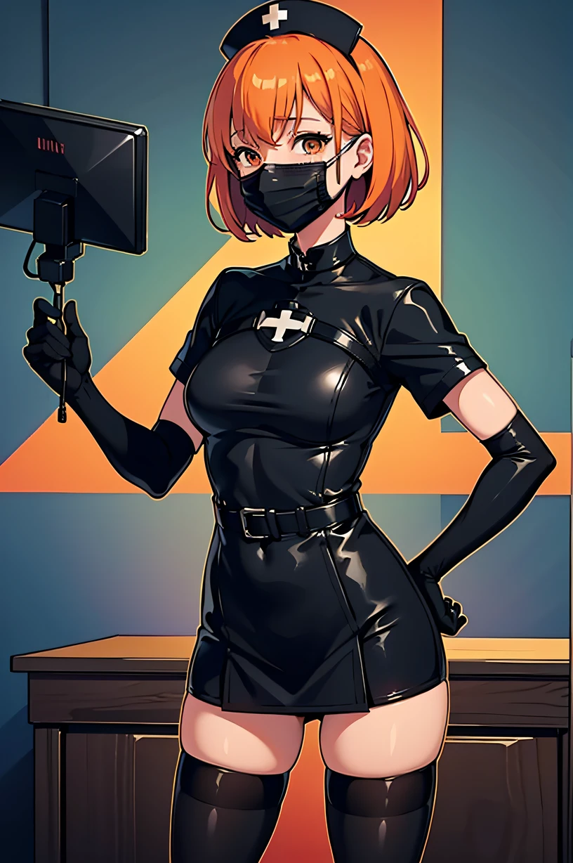 black nurse, 1girl, solo, black nurse cap, black wear, ((black legwear, zettai ryouiki)), black elbow gloves, very short hair, orange hair, ((black surgical mask, covered nose)), standing, ((surgery room)), sharp outline, short sleeves, tomboy, boyish, best quality, masterpiece