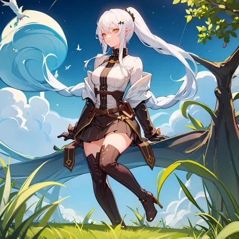 one girl, white hair, yellow color eye, elf, medium breast, long ponytail hairstyle, adventure theme, looking at the star, sitti...