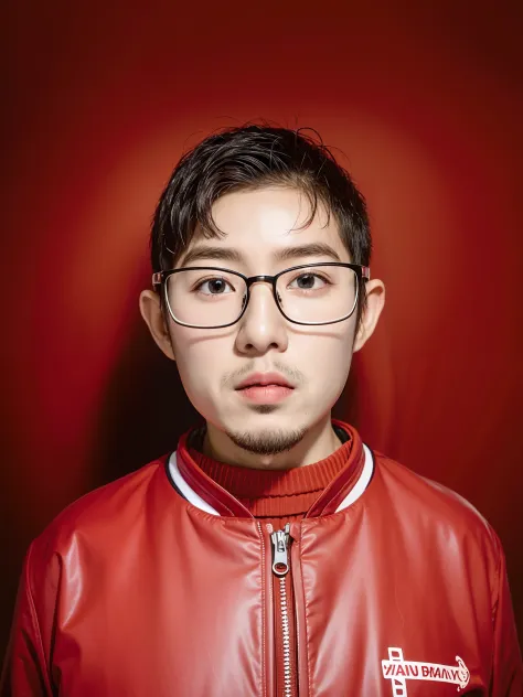 Alafard boy with round glasses and red jacket. Big nose