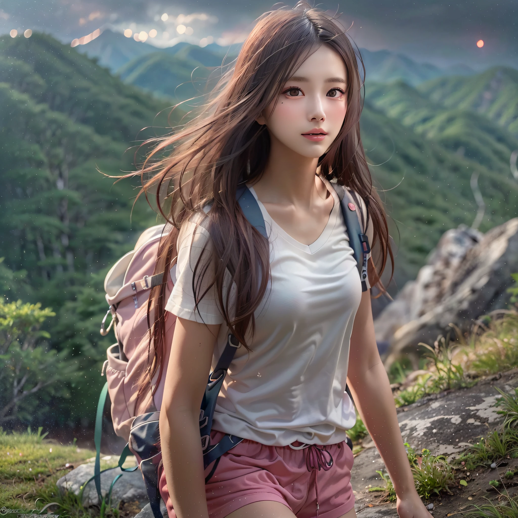 (Naturescape photography), (best quality), masterpiece:1.2, ultra high res, photorealistic:1.4, RAW photo, (Magnificent mountain, sea of clouds), (On a very high mountain peak), (sunset), (wideangle shot),  (Show cleavage:0.8),
(1girl), (Photo from the knee up:1.3), (18 years old), (smile:1.2), (shiny skin), (real skin), (semi-long hair, dark brown hair)
(Large white V-neck T-shirt, pink Trekking shorts), (Carrying a large backpack), 
(ultra detailed face), (ultra Beautiful fece), (ultra detailed eyes), (ultra detailed nose), (ultra detailed mouth), (ultra detailed arms), (ultra detailed body), pan focus, looking at the audience, Colored leaves