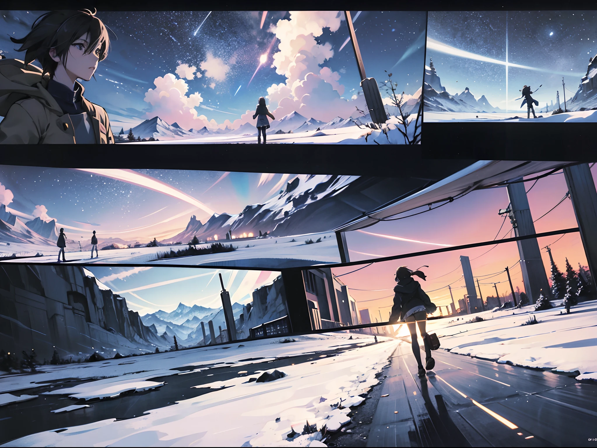 comic strip，Cartoon Split，Storyboard，Masterpiece, Institute in heavy snow Bright starry sky, Makoto Shinkai's picture, Pisif, concept-art, Lofi art style, Reflection. By Makoto Shinkai, Lofi art, beautiful anime scenes, Anime landscape, Detailed scenery —width 672, in the style of makoto shinkai, Makoto Shinkai's style, Enhanced detail.