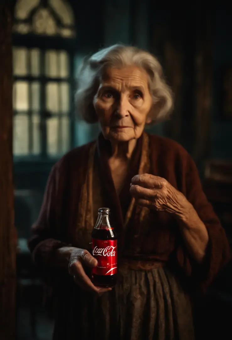 Old woman with scary face in 70 years old she is standing holding a bottle of coca cola dark scenery dim light old in a room has many people behind her on a blurred background perfection of great quality in masterpiece of extraordinary details