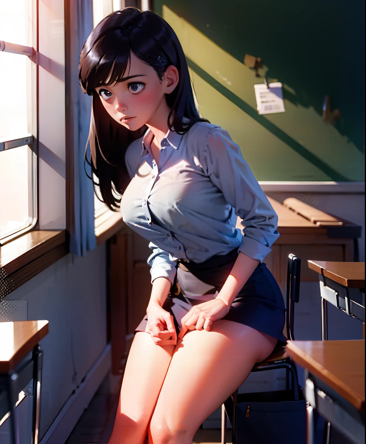 (best quality,highres),thick,shy girl sitting in a classroom, in , beautiful detailed eyes and face, long eyelashes, pensive expression, diligently doing school work. Crisp focus on the girl, capturing her intricate features and the fine details of her face. Soft lighting illuminates the classroom, creating a serene and tranquil atmosphere. The girl's thick figure is accentuated by the way she sits, exuding a gentle presence. The artwork exhibits a realistic style, with vivid colors and a warm color palette that adds depth to the scene. The girl's shy demeanor is complemented by her posture, slightly hunched over her books, immersed in her studies. The classroom is filled with academic paraphernalia, including textbooks, papers, and a chalkboard in the background, emphasizing the educational setting. Overall, the artwork portrays a peaceful moment of a self-conscious girl engrossed in her studies, inviting viewers to appreciate the beauty of academia and the individuality of each student, super thick, revealing clothes, hentai pic, giant ass, young 20 of age,