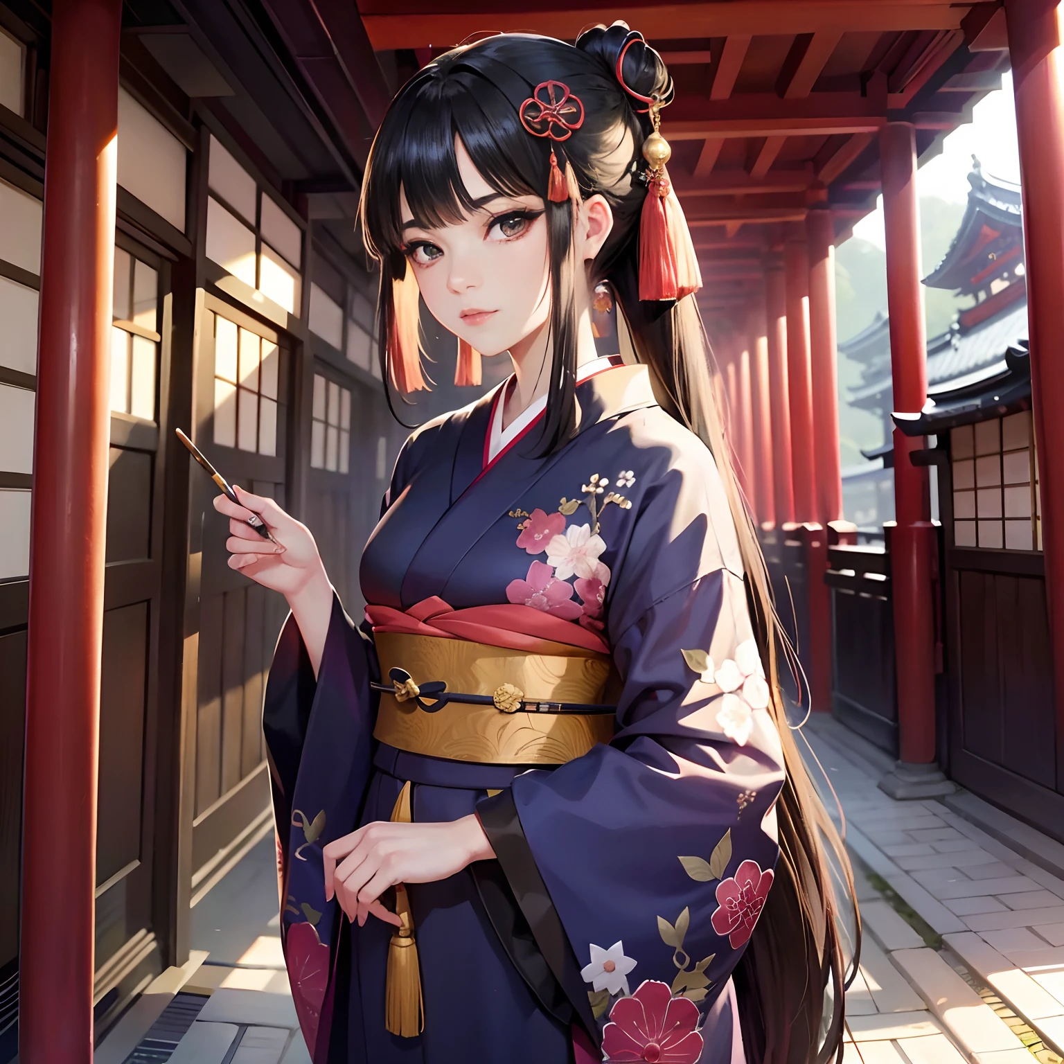 Cyberpunk style,BRAEK,Background of details(Temples and shrines in Kyoto(with no people)),BREAK,elaborate costume{Luxury kimono(Colorful kimono(detailed embroidery,))}、1womanl(Japanese actressl:1.2)(face perfect:1.2),Depicting a beautiful and classy adult woman,glossy dark hair(poneyTail),Heart in the eye, Wallpapers 16K,Blur the background with a sickle,((masutepiece)), ((Best Quality)),{{a portrait photo of}},full body Esbian