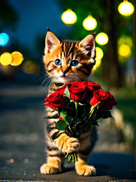 A kitten, hairy pubic, extremely cute, Short legs, roundly eyes, Wearing blue cargo pants, Holding a bouquet of red roses, Walk the streets at night, The street lamps glow yellow, There is a tree on the side of the road, licking lips, wide shot, 135mm, blu...