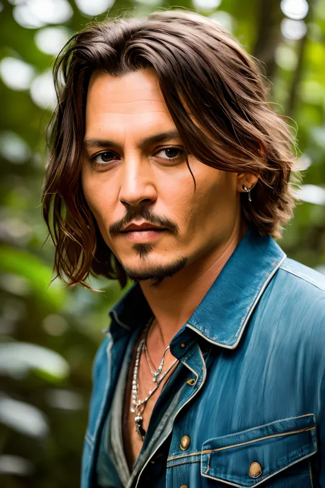 Masterpiece, Johnny Depp Walks Through the Jungle (Night of Fireflies), (High Detail: 1 1), Rough Face, Natural Skin, High Quality, NSFW, Beautiful Eyes, (Detailed Face and Eyes), (Face :1 2), noise, extra, real photo, PSD, light film photography, sharp fo...