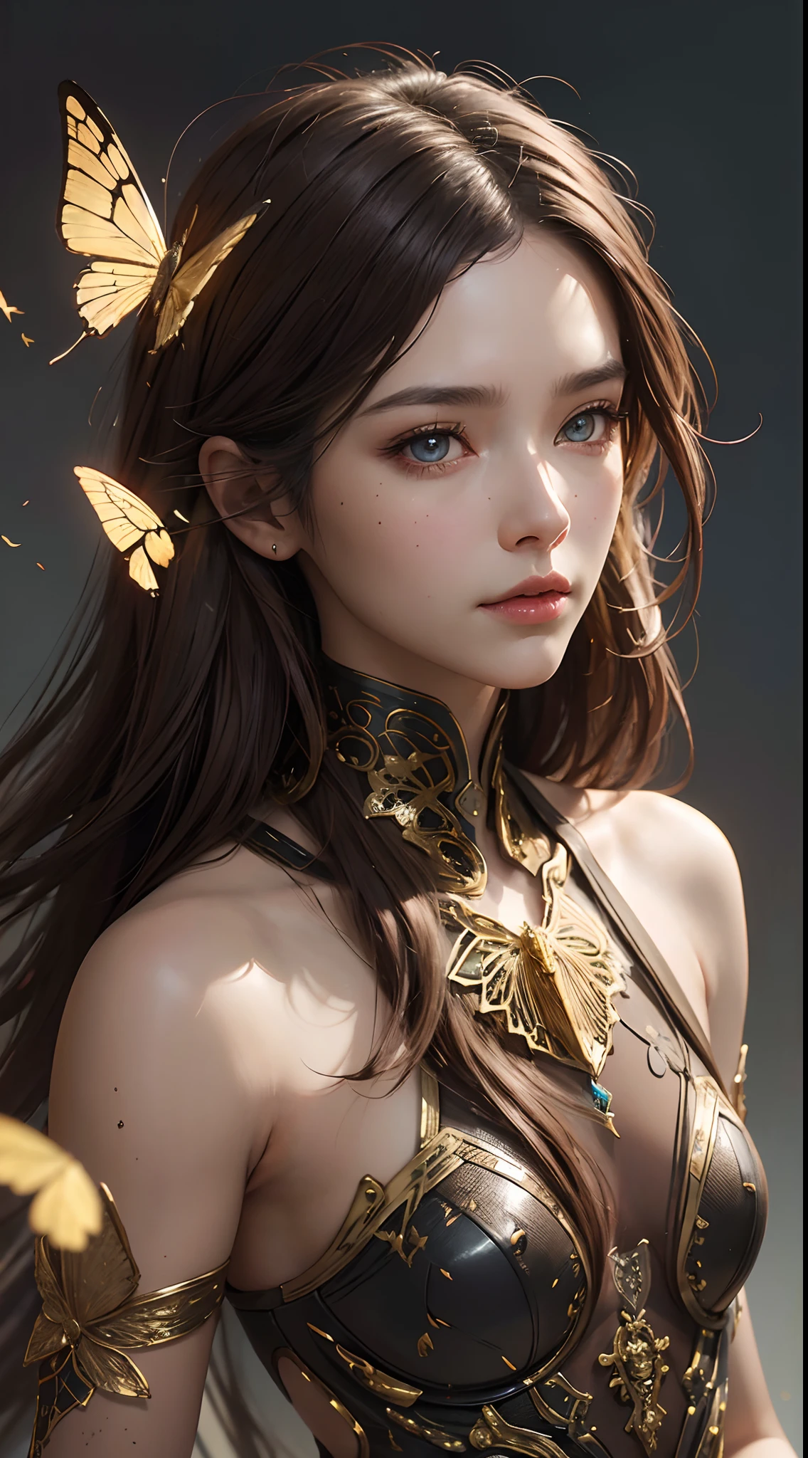 8k portrait of beautiful cyborg with brown hair, intricate, elegant, highly detailed, majestic, digital photography, art by artgerm and ruan jia and greg rutkowski surreal painting gold butterfly filigree, broken glass, (masterpiece, sidelighting, finely detailed beautiful eyes: 1.2), hdr,