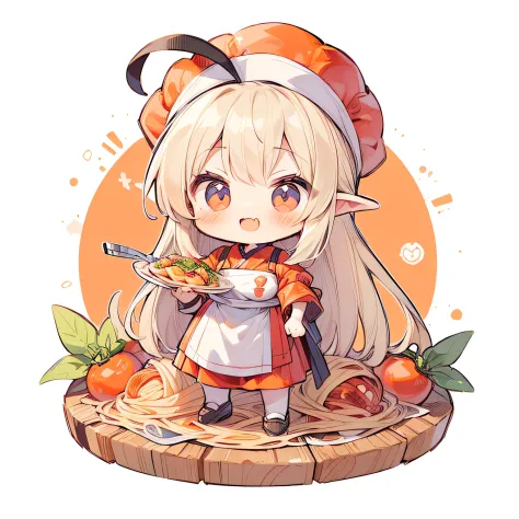 (((masutepiece))), Best Quality, Extremely detailed, (Chef Costume:1.2), (Chef's Hat), (((girl with))), (((Solo))), Happy, (((Eat large tomato pasta))), ((Full body)), Ahoge, (((Deformed))), (((Chibi Character))), ((((Italian Restaurant))),,