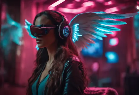 A pretty winged fairy wearing headphone playing vr goggles in futuristic cyberpunk neon light room, wing feathers scattered in the air, perfect cyberpunk wings, dynamic action poses, messy long hair, futuristic cyberpunk interior and urban wallpeaper, vibr...