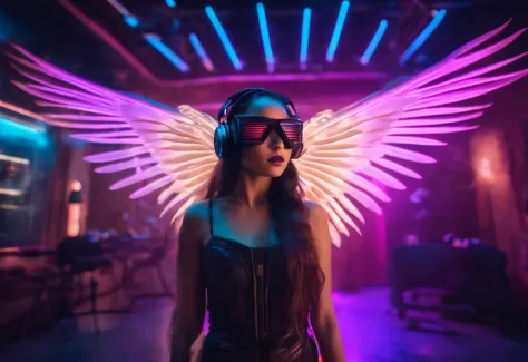 A pretty winged fairy wearing headphone playing vr goggles in futuristic cyberpunk neon light room, wing feathers scattered in the air, perfect cyberpunk wings, dynamic action poses, messy long hair, futuristic cyberpunk interior and urban wallpeaper, vibr...