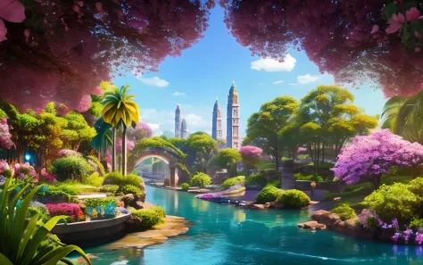 a dream city setting, onde cogumelos coloridos abrigam elfos e ninfas em plataformas em forma de bolhas, the environment is fill...