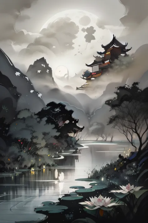 masterpiece,best quality,Chinese martial arts style,an asian night scene with lanterns and water lilies,asian pond with many lan...