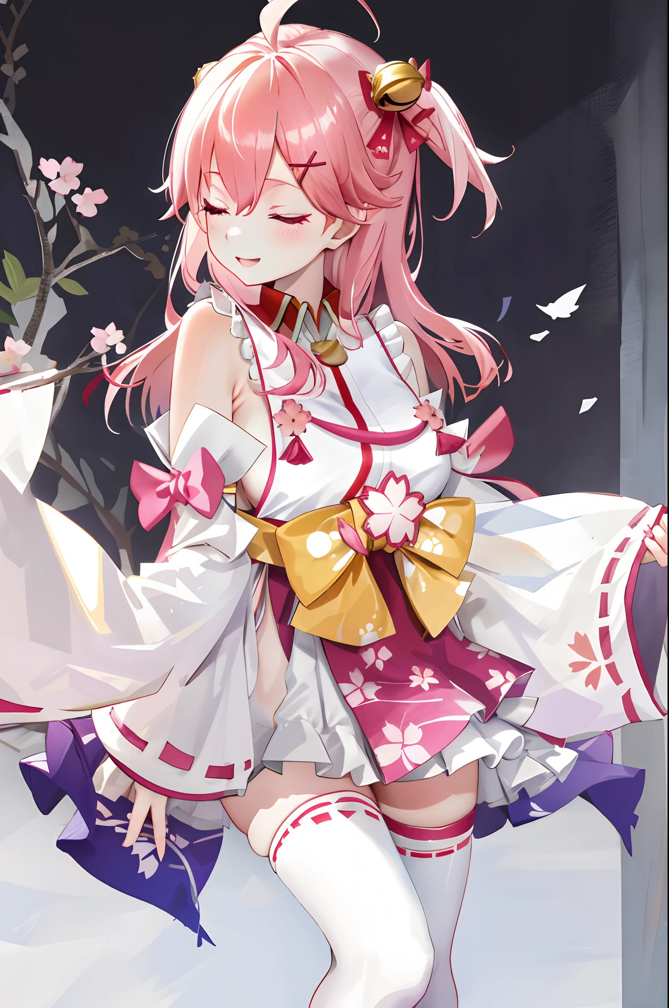 masterpiece, best quality, highres, miko1, sakura_miko, 1girl, big_boobs, solo, ahoge, x_hair_ornament, pink_hair, floral print, hairclip,(side_less_clothes:1.3), (side_boobs:1.5), hair_bell, floral print, long_hair, hair between eyes, one side up, white thighhighs, asymmetrical legwear, wide sleeves, open_mouth,(happy:1.3),close_eyes,big_smile,rising_leg,plump,apart_legs,(overly_long_sleeves:1.3),(beautiful_fingers),sleeves_past_wrists,hands_hidden_sleeves,sidelock_clothes,dynamic_posing,solo,hidden_wrists,XD,