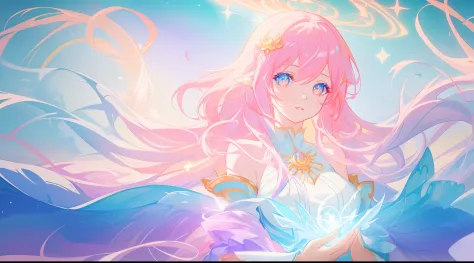 beautiful anime girl in white princess ballgown, vibrant pastel colors, (colorful), magical lights, golden long hair made of liq...