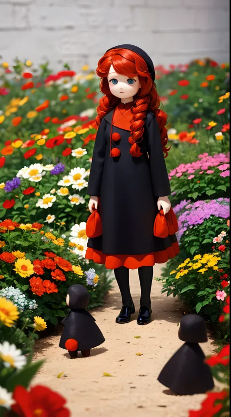 A wool felt doll surrounded by various flowers，Dolls have real faces，The clothes and hair are made of wool felt。a warm color palette，