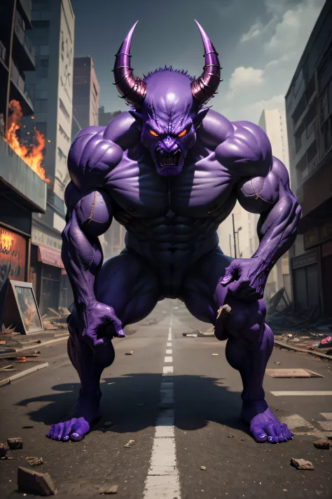 Devil-style purple monster. The monster has clear drawings of the devil's face, Eyes Burning with Fire. Has a dynamic posture standing on all fours. Muscular, powerful full-body relief.Skin Blemishes, Skin defects. Very High Definition. Ultra-precision det...