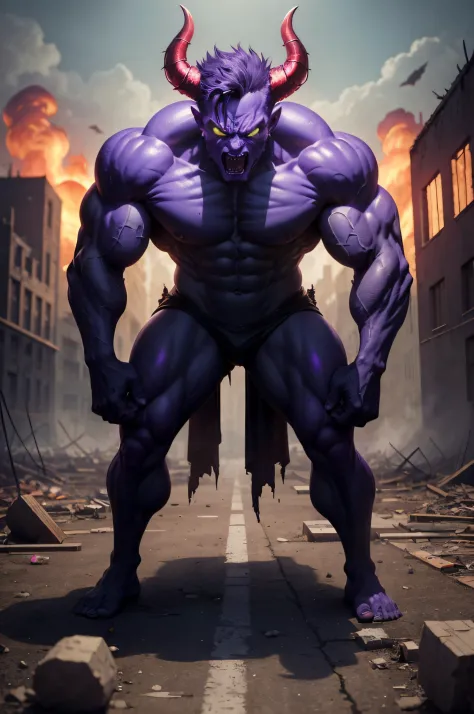 Devil-style purple monster. The monster has clear drawings of the devil's face, Eyes, burning with fire. Has a dynamic posture, standing on all fours. muscular, Powerful full-body contouring.Skin Blemishes, skin defects,. Very High Definition. Ultra-precis...