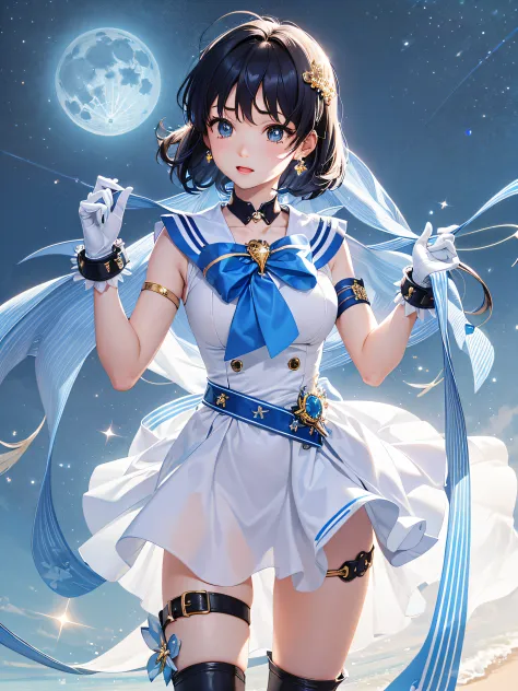 best quality,masterpiece,reality:0.8,1girl ,moonlight,under the moon,at night,rich background,((Ami Mizuno)),(Sailor Mercury,)Sailor suit, magical girl,dark blue hair, blue pupils, White pure blue skirt, blue collar with white stripes, light blue bows on the chest and back skirt, pure blue round stones on the chest bow, white three-ringed shoulder harness, white V-shaped waist harness, white three-ringed gloves with blue trim, blue white-trimmed boots with half-heels, gold V-shaped stripes with oval sapphires, three light blue gemstone studs for the left ear and one for the right ear, and a collar with a pure blue sash