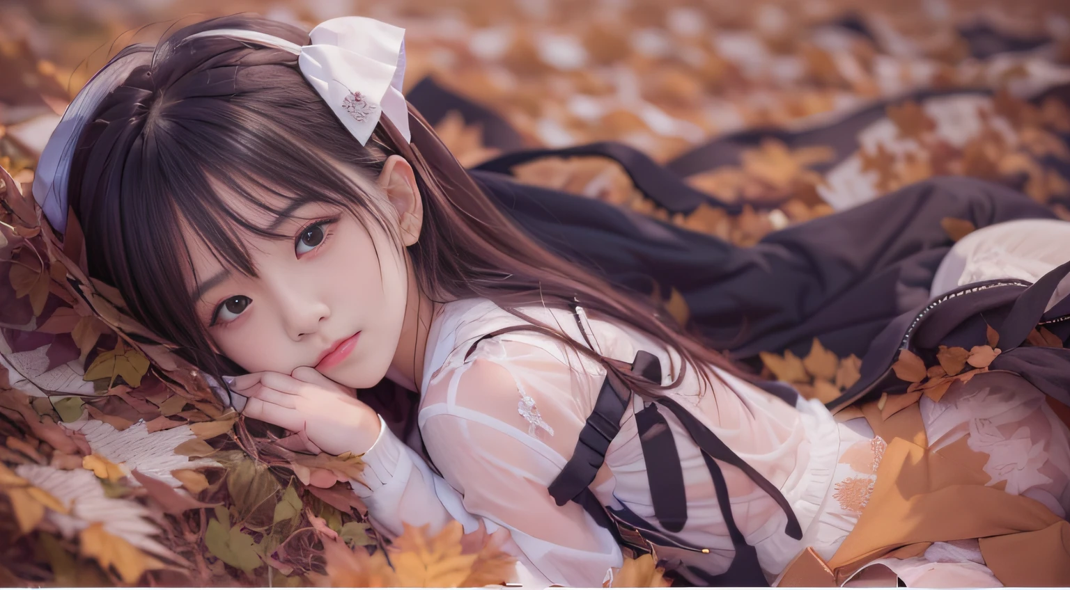 Alafed woman lying on fallen leaves in sailor suit，Realistic Young Gravure Idol, photo taken with sony a7r, Anime. Soft lighting, the face of a beautiful Japanese girl, Engaging pose, portrait of a japanese teen, taken with canon eos 5 d mark iv, Photo taken with Nikon D 7 5 0, Photograph Taken on Nikon D750，((smooth hair，detailed hairs，Very fine hairs))，((A look tinged with joy))，Very soft lighting，((small tits:1.7,Thin leg,skinny thigh:1.4)),slim figure,extremely detailed eye and face、beatiful detailed eyes,Tsurime,