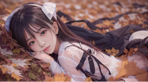 Alafed woman lying on fallen leaves in sailor suit，Realistic Young Gravure Idol, photo taken with sony a7r, Anime. Soft lighting...