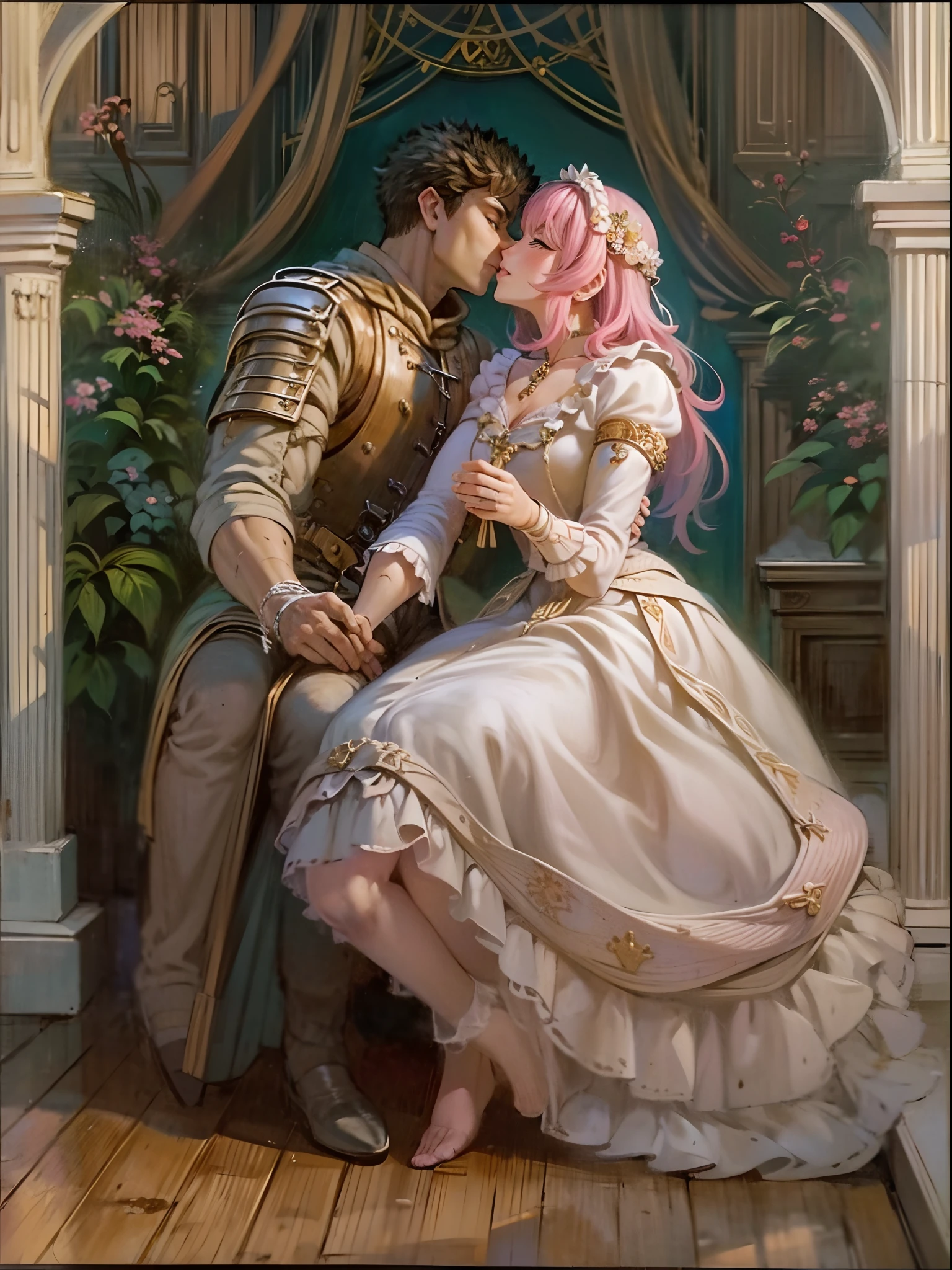 riamu,guts,couple,husband and wife,love dovey couple,sitting,hug,kiss,smile,(best quality,4k,8k,highres,masterpiece:1.2),ultra-detailed,(realistic,photorealistic,photo-realistic:1.37),traditional oil painting,romantic evening scene,soft lighting,vivid colors,expressive brushstrokes,late summer sunset,whispering sweet nothings,gentle breeze,dreamlike atmosphere,glowing warmth,subtle smiles,loving gazes,delicate touch,fingers intertwined,heartfelt connection,embrace that speaks volumes,endless love,unbreakable bond,pure happiness,eternal love,deep affection,contentment in each other's arms,goosebumps of joy,cheeks filled with blush,a moment frozen in time,celebration of love's beauty, berserk, idolm@ster,standing, medieval clothing, long skirt, (best quality, masterpiece:1.2), ultra-detailed, (, 1.37), portraits, vivid colors, warm tones, sharpteeth open mouth, smile, soft lighting, Renaissance, Neoclassicism, interior architecture, rococo style, Art Deco, high detail, American propaganda poster, Baroque, Contemporary art, Constructivism, Dutch Golden Age painting, Northern Renaissance, Monet, Luminism, Ghibli-like colours, Classicism, Art Nouveau, anime style, Post-Impressionism, Pixar, Verism, pre-rephaëlite painting, Fujicolor, ray tracing, 4k, 8k, highres, best quality, highres, 1080P, HD, 4K, 8k, award winning, high details, textured skin, ccurate, masterpiece, retina, UHD, anatomically correct, super detail, textured skin, 16k