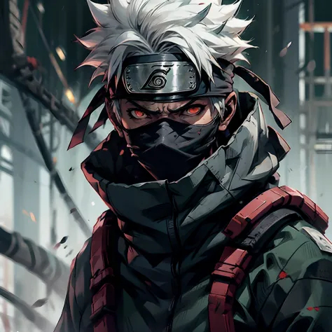 masterpiece, best quality, 1girl, (Kakashi), white hair, standing, ninja clothes, left red eye, detailed eyes, left sharingan ey...