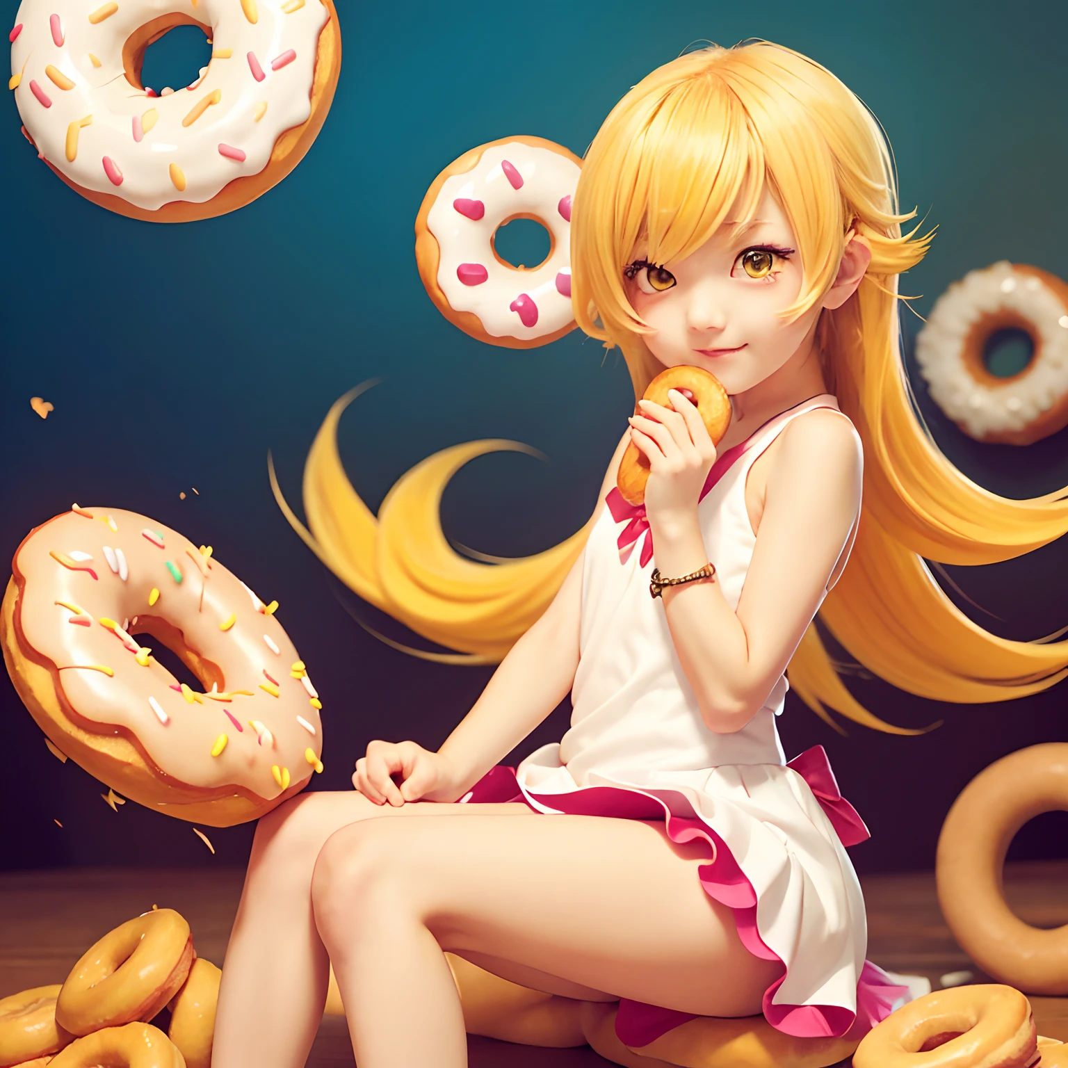 top-quality, 8K, ultra-detailliert, Anime style, Kamonogatari, Shinobu Shinobu, Cute girl with blonde hair, 女の子1人, Yellow eyes, full body Esbian, eating a donut, Sitting on top of a pile of donuts, Japan Faces