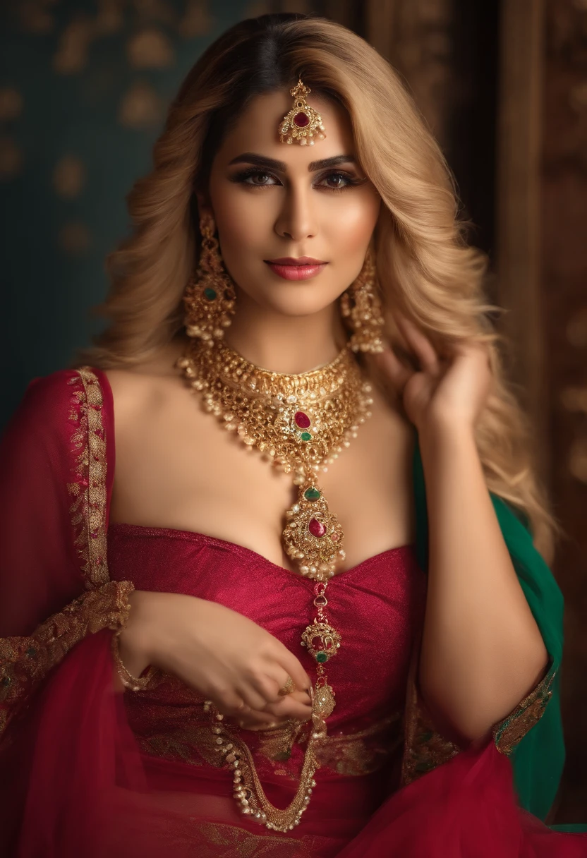 A woman in a red dress and gold jewelry poses for a photo - SeaArt AI