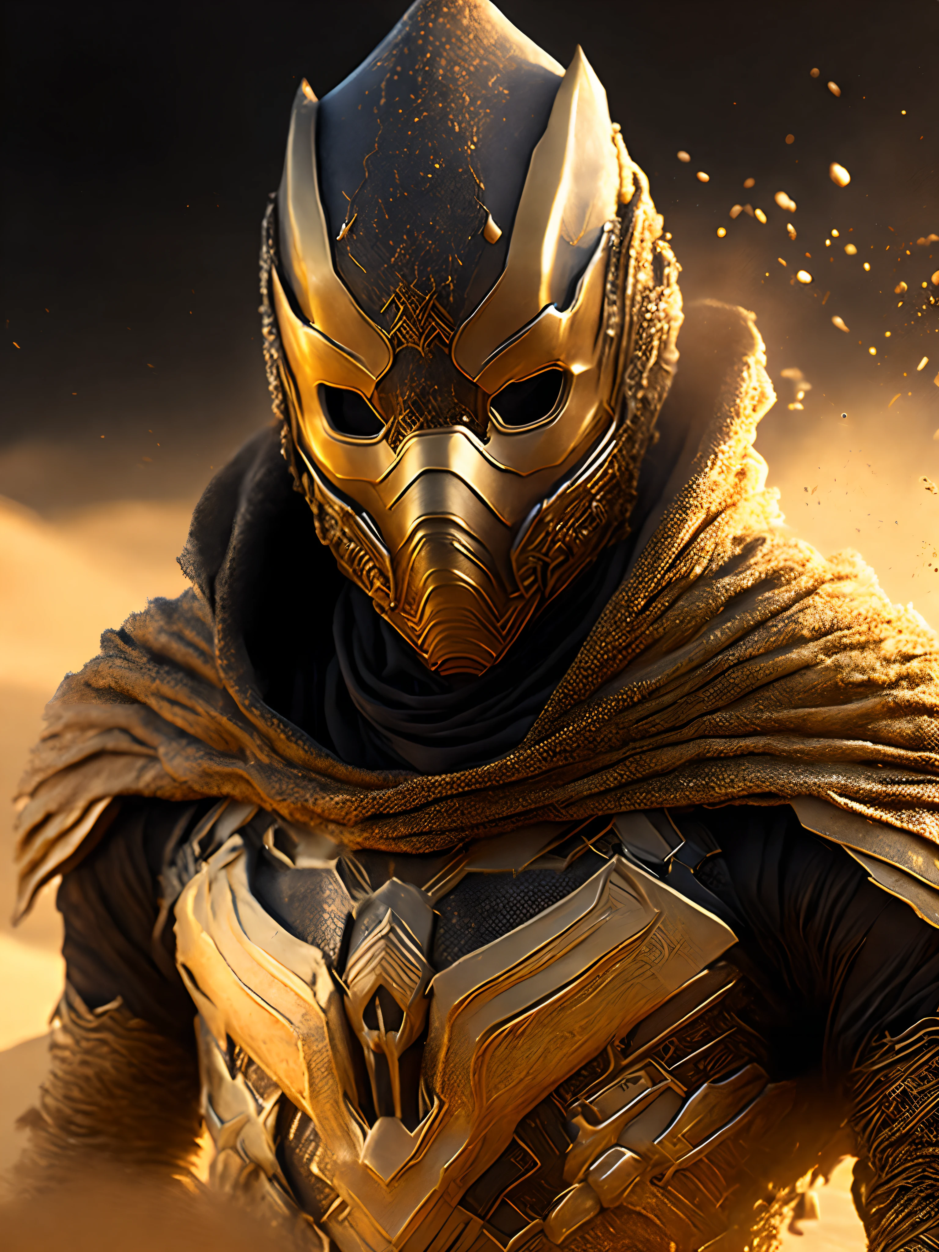 Close-up (Scary Masked Sand-man from Marvel in Goth style: 1.3) emerging from the gold sand desert, extremely detailed, smoke, sparks, metal shavings, flying debris, volumetric light