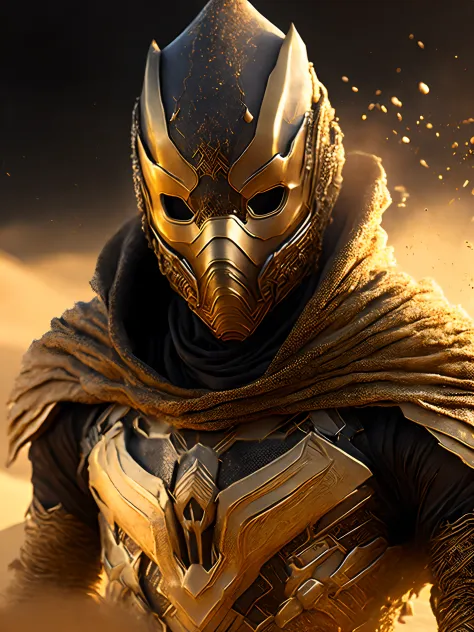 Close-up (Scary Masked Sand-man from Marvel in Goth style: 1.3) emerging from the gold sand desert, extremely detailed, smoke, s...