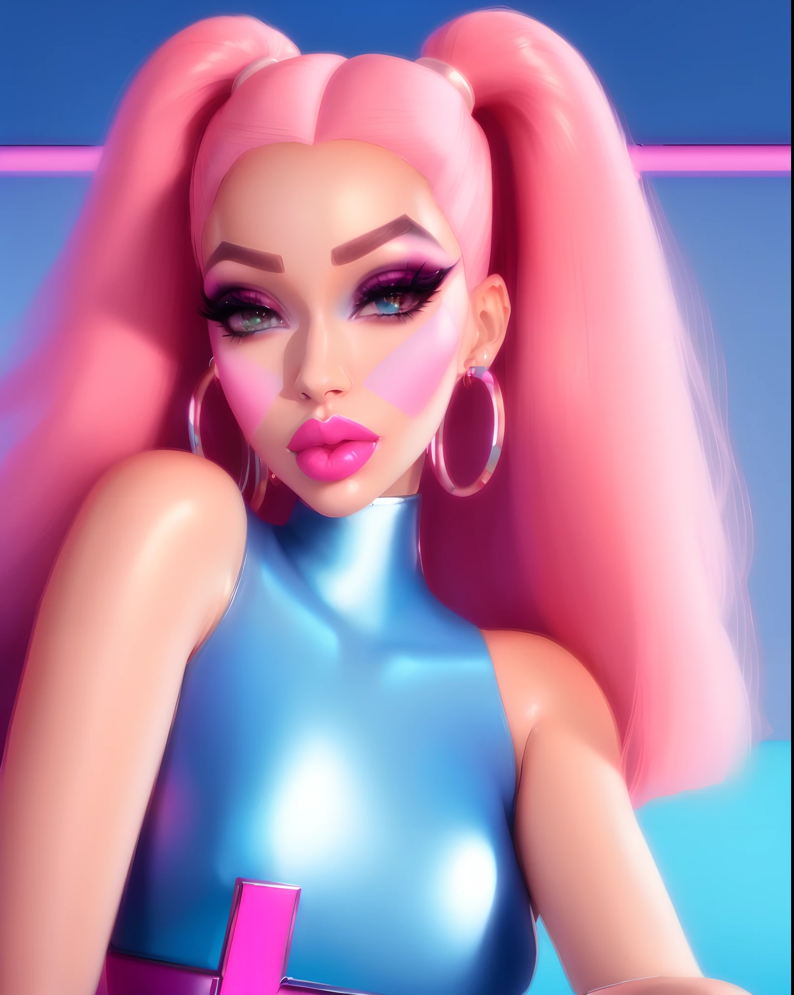 Barbie doll with pink hair and blue dress and pink lipstick - SeaArt AI