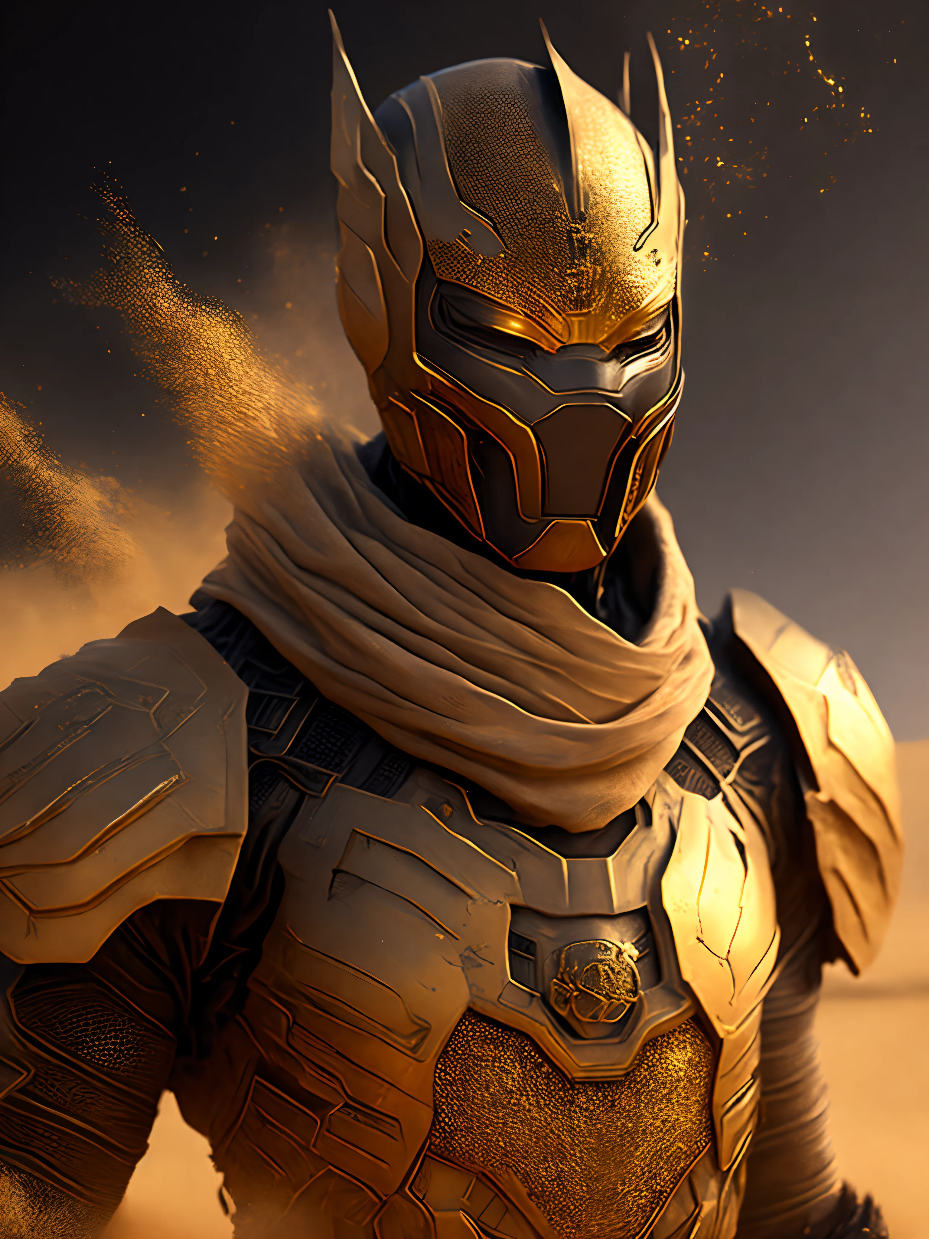 Close-up ( Sand-man from Marvel in Goth style: 1.3) emerging from golden desert sand, extremely detailed, smoke, sparks, metal shavings, flying debris, volumetric light