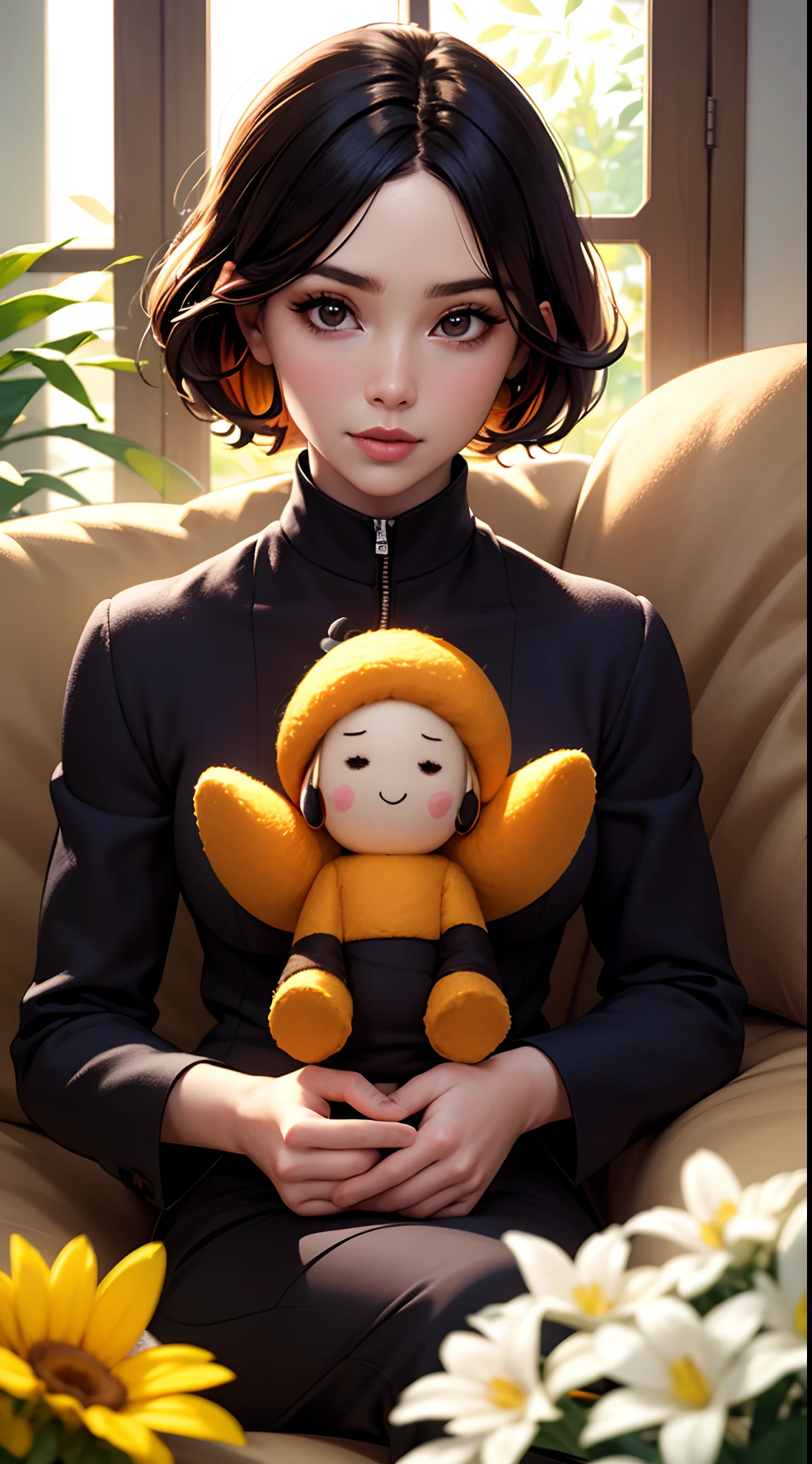 (best quality, highres, ultra-detailed:1.2), illustratio, Made of wool felt, Bright colors，Clear focus，Natural light effects。
Wool felt doll，Surrounded by various flowers，Clothes and hair made of black wool felt，The faces are extremely real，Dolls made of wool felt have bright warm colors，The overall picture looks like a rich and vivid illustration，Focus Clear，Enjoy the warmth of natural light。