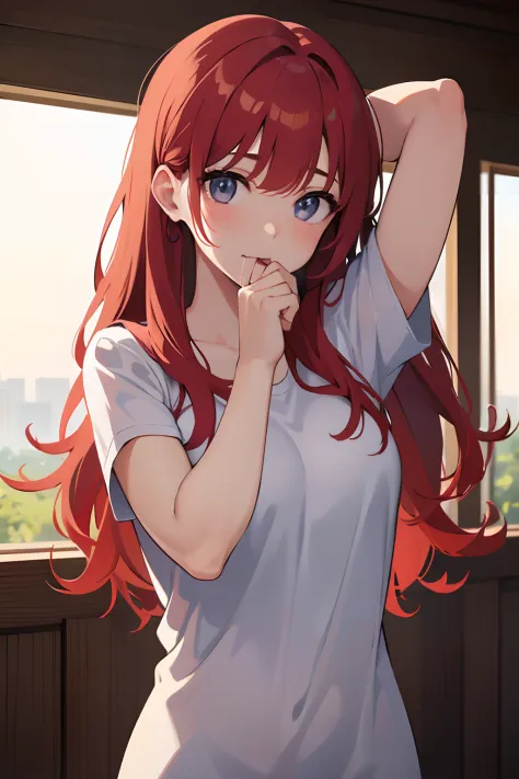 (Masterpiece, Best Quality), 1girl, beatiful face,    Hair tie in the mouth, red hair, hands behind head