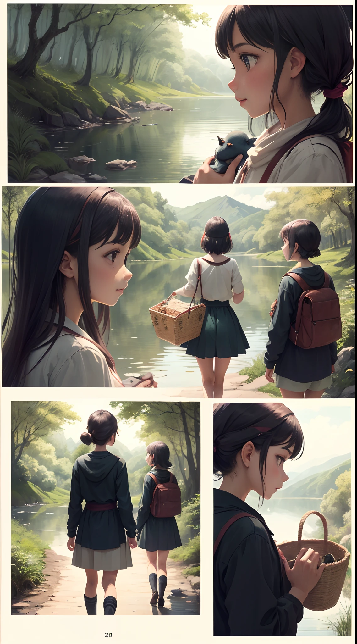 A storyboard of a short anime about a mysterious one-headed creature and a girl who picked it up, Number the frames from 1 to 6 in the order of reading from top left to bottom right, Frame 1: A forest scenery where the girl and the creature meet, Frame 2:A back view of the girl walking with a basket, Frame 3: A top view of the girl walking, Frame4: A picture of the girl and the creature floating in the lake staring at each other, Frame 5: A side view of the girl's curious face looking to the left, Frame 6: A picture of the girl's hand reaching out to the creature,